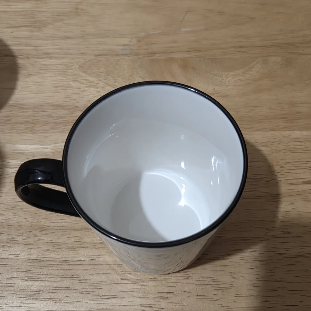 Williams Sonoma White Ceramic Mug with Black Handle and Red Accent